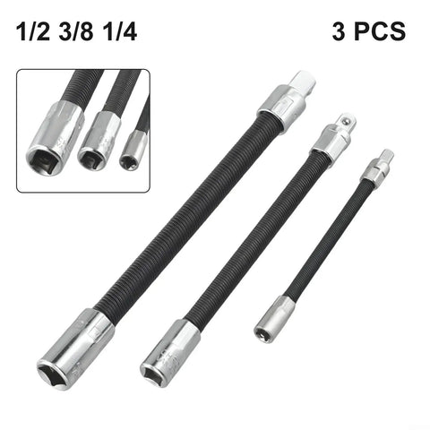 Flexible Socket Extension Bar Set, 3 Piece Long Reach Ratchet Adapter With 360 Swivel Shaft, chrome finish and drill compatible