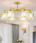 Modern Ceiling Pendant Light Featuring Transparent Crystal And Polished Gold Cylinder Frame For Living Room Bedroom Hotel Lobby with six crystal shades.