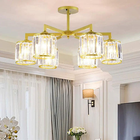 Modern Ceiling Pendant Light Featuring Transparent Crystal And Polished Gold Cylinder Frame For Living Room Bedroom Hotel Lobby with six crystal shades.