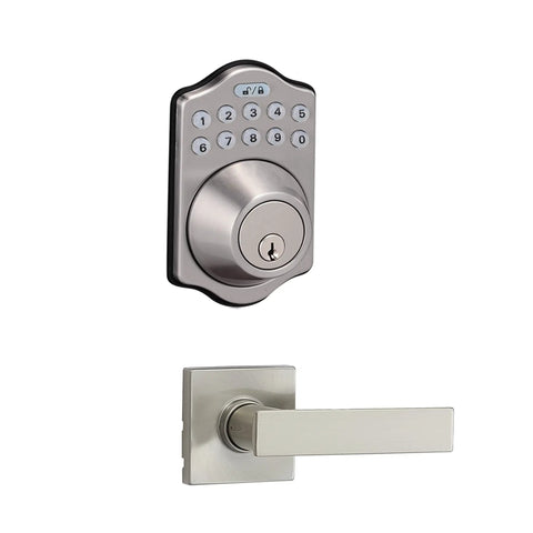 Keyless Entry Door Lock With Keypad And Motorized Deadbolt Traditional Handle Set Front Door Satin Nickel Finish