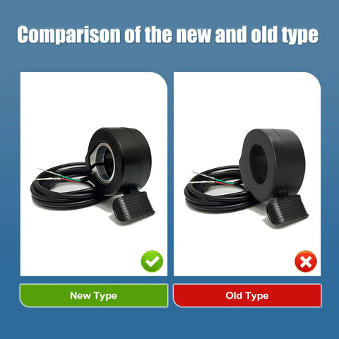 Comparison of 7/8 Inch Thumb Throttle for E-bikes and Scooters, new type vs old type, showing difference in design and cable color