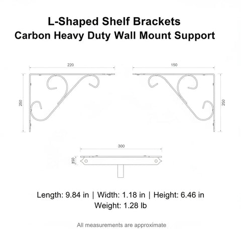 Diagram of Carbon Steel L-Shaped Shelf Bracket Heavy Duty Wall Mount Support with dimensions and design details