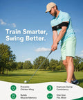 Man using Arm Band Golf Swing Trainer Game Changer For Better Connection, Tempo, And Consistency on golf course.