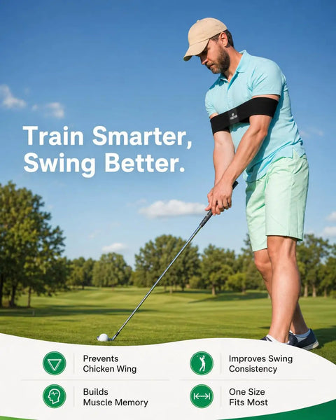 Man using Arm Band Golf Swing Trainer Game Changer For Better Connection, Tempo, And Consistency on golf course.