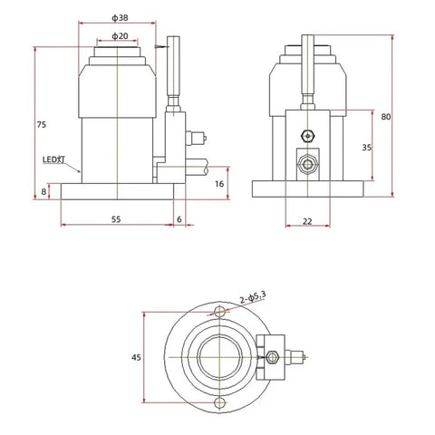 Technical drawing of Straight Up Rock Solid Tool Height Gauge Six Wire Z Axis Sensor Normally Open Switch Automatic Measuring Device for CNC Router.