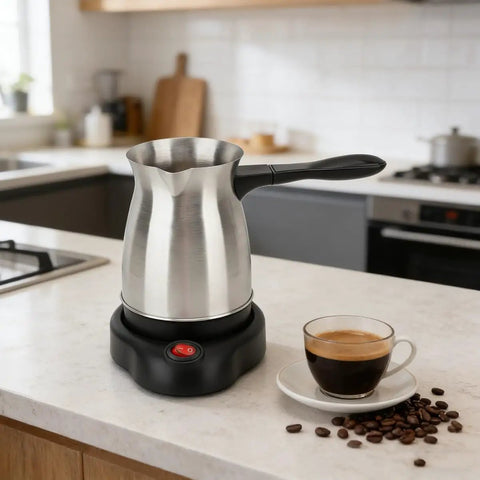 Electric Turkish Coffee Maker 600ml Capacity Brews 5 To 6 Cups, Multifunctional Large Capacity Brewing Pot, Stainless Steel 110V Coffee Brewer For Home Kitchen And Entertaining in a modern kitchen setting.