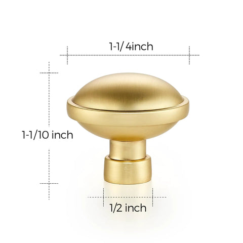 Rock Solid Zinc Alloy Cabinet Pulls Featuring A Slick Brushed Gold Finish 1 1/4 Inch Diameter heavy duty kitchen hardware shown from the front.