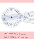 12 Inch 360 Degree Clear Goniometer Protractor For Physical Therapy And Medical Range Of Motion Measurements, Handy Angle Ruler For Clinicians, Students, And Classrooms. clear plastic 360° head with 3 scales