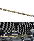 Gold Titanium Plated Adjustable Shift Lever Linkage Rod 11.5 to 12.5 Inches for Harley Softail and Touring Trike, CNC Machined Aluminum, Lightweight, Durable, Ride Ready Shifter Linkage mounted on engine