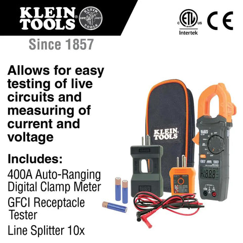 Clamp Meter Electrical Test Kit With Auto Ranging, Measures AC Current Up To 400 Amps, Backlit Display, Includes GFCI Tester, Line Splitter