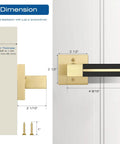 Gold Dummy Door Handles With Black Leather 2 Pack For Pantry And French Doors No Lock Function No Latch Or Key Pull Or Push Style One Sided Surface Mount Hardware No Fuss dimensions on white door, 2 1/2 in base, 4 9/10 in projection