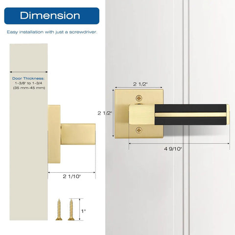 Gold Dummy Door Handles With Black Leather 2 Pack For Pantry And French Doors No Lock Function No Latch Or Key Pull Or Push Style One Sided Surface Mount Hardware No Fuss dimensions on white door, 2 1/2 in base, 4 9/10 in projection