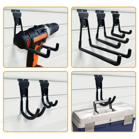 Heavy Duty Slatwall Hooks 14 Pack Black For Garage Organization And Tool Storage, Multi Size Wall Mount Hangers, shown in use