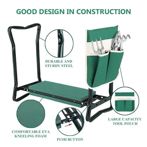 Heavy Duty Garden Kneeler And Seat Stool With Folding Bench Large Tool Pocket Soft EVA Kneeling Pad Knee Saver and Comfortable