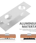 Close-up of Rock Solid Aluminum Under Desk Laptop Mount with sleek design, demonstrating silver aluminum material and holes for installation.