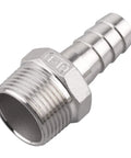 Close-up of 304 Stainless Steel Three Quarters Inch Hose Barb to One Inch NPT Male Pipe Fittings, corrosion resistant, set of 2 for home brew use