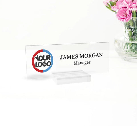 Custom Name Plate Desk Decor With Logo For Office Use A Modern Multicolor Personalized Gift That Says You Mean Business With Style The Perfect Name Plate For Him Or Her 8 By 2 Point 5 Inches featuring a manager's name and logo.