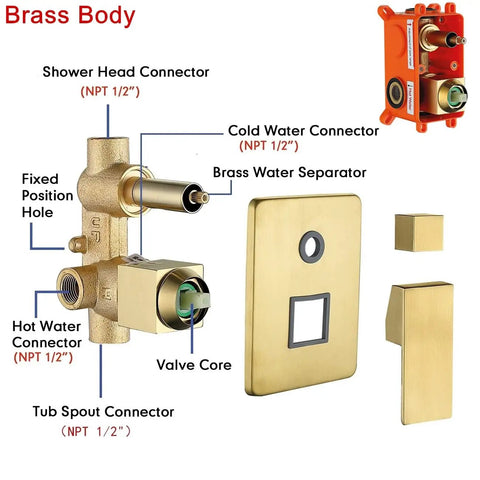Upgrade Your Bath With A Dope Brushed Gold Tub And Shower Faucet Set, showing brass valve connector and components.