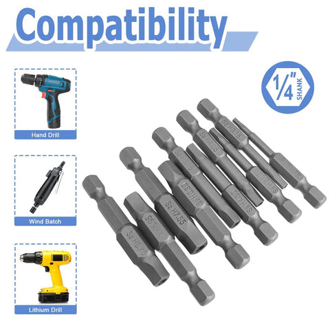 Torx Star 5 Point Security Tamper Proof Screwdriver Bit Set, 10 Piece, shown with compatibility icons and quarter inch hex shank