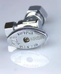 Brass Quarter Turn Angle Stop Valve Half Inch Nominal Inlet Five Eighths Inch OD Compression To Three Eighths Inch Compression Outlet Water Shut Off Valve For Sink Toilet Kitchen Bathroom Pack Of Ten, close-up of chrome-plated handle.