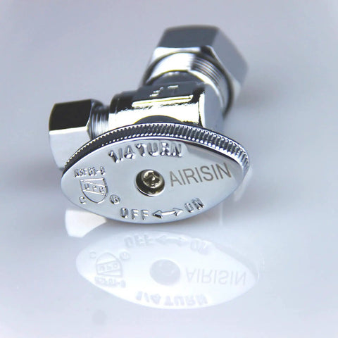 Brass Quarter Turn Angle Stop Valve Half Inch Nominal Inlet Five Eighths Inch OD Compression To Three Eighths Inch Compression Outlet Water Shut Off Valve For Sink Toilet Kitchen Bathroom Pack Of Ten, close-up of chrome-plated handle.