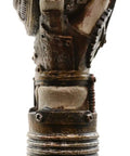Close-up of Badass Steampunk Swagger Cane Featuring Skeletal Hand Grasping Evil Eye and Heavy Duty Clockwork Gear Decor Staff.