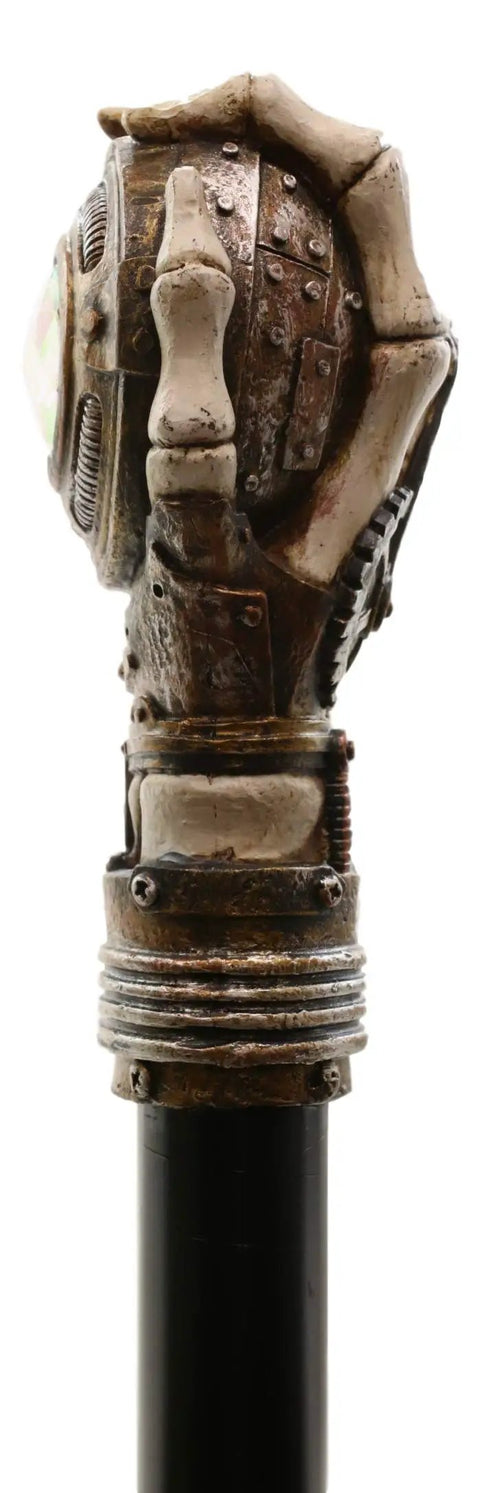 Close-up of Badass Steampunk Swagger Cane Featuring Skeletal Hand Grasping Evil Eye and Heavy Duty Clockwork Gear Decor Staff.