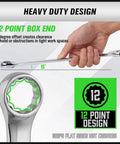 Pro Grade 32-Piece Combination Wrench Set SAE And Metric One Quarter Inch To One Inch And Seven Millimeter To Twenty-Two Millimeter 12-Point Chrome Vanadium Steel For Heavy Duty Auto And Industrial Jobs showing 12-point box end with 15-degree offset.