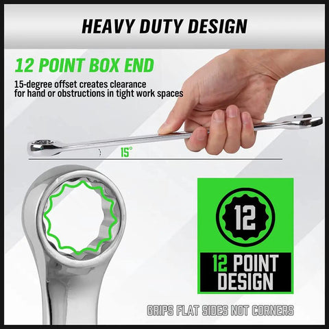 Pro Grade 32-Piece Combination Wrench Set SAE And Metric One Quarter Inch To One Inch And Seven Millimeter To Twenty-Two Millimeter 12-Point Chrome Vanadium Steel For Heavy Duty Auto And Industrial Jobs showing 12-point box end with 15-degree offset.