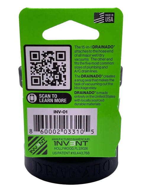 Back packaging of Universal Vacuum Hose To PVC Pipe Adapter For Easy AC Drain Line Unclogging showing barcode and QR code.