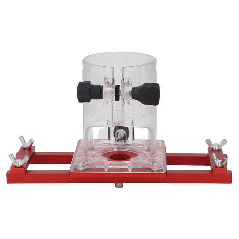 Front view of Aluminum Alloy 2 In 1 Palm Router Base for DIY woodworking with 65mm fit, showing slotting bracket and adjustable knobs.