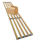 No Sweat Light Duty Gravity Conveyor With Abs Plastic Rollers And Self Tracking Steel Frame Easy Splice Workflow For Warehouse Shipping Lines And Smooth Package Handling with a box on it.