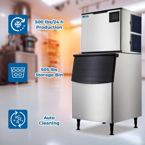 Heavy Duty Commercial Ice Maker Cranks Out Five Hundred Pounds Of Full Cubes Daily With A Rock Solid Stainless Build.