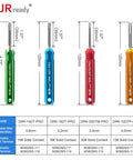 Deutsch Pin Removal Tool For DT DTM DTP DTHD And HD Series Connectors in various sizes and colors, detailed dimensions shown.