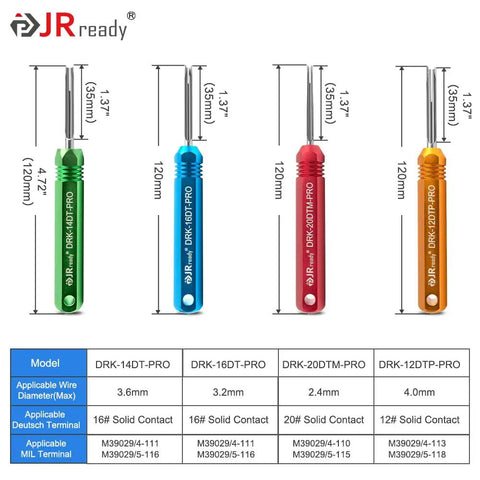Deutsch Pin Removal Tool For DT DTM DTP DTHD And HD Series Connectors in various sizes and colors, detailed dimensions shown.