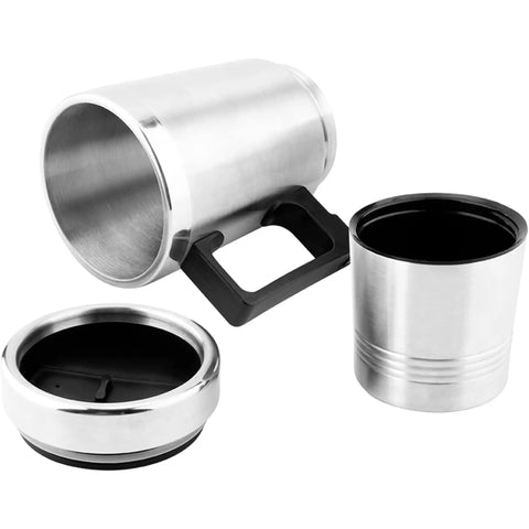 12V Car Electric Kettle Rock Solid Fast Heating Fits Standard Cup Holders Food Grade Stainless Steel mug with lid and cup.