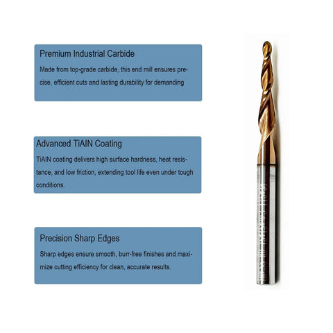 Five Piece Tapered Ball Nose End Mill Set For CNC Router Bits One Eighth Inch Shank Three Quarter Millimeter Radius Tips Premium Tungsten Carbide Bits For Precision 3D Woodworking And Detail Carving with advanced coating and sharp edges.