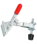 Heavy Duty Quick Release Clamp Jig Set 5 Pcs M5x46mm Holds Up To 110 Lbs 50 Kg Galvanized Iron With Plastic Tips For Woodworking Metalworking And Hobby Projects GH101A Style Built Like A Champ, side view showing galvanized clamp with red handle and rubber tip.