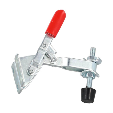 Heavy Duty Quick Release Clamp Jig Set 5 Pcs M5x46mm Holds Up To 110 Lbs 50 Kg Galvanized Iron With Plastic Tips For Woodworking Metalworking And Hobby Projects GH101A Style Built Like A Champ, side view showing galvanized clamp with red handle and rubber tip.