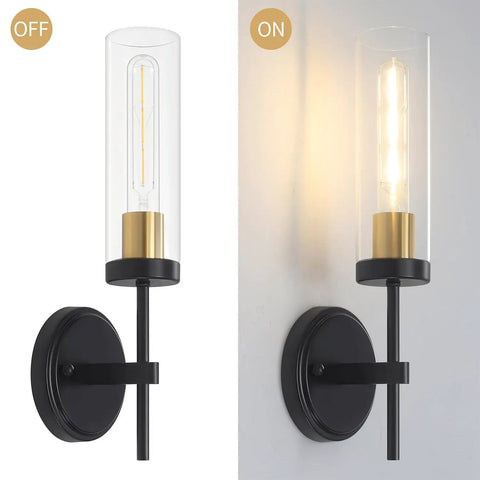 Black Wall Sconce Lighting Modern Vanity Fixture With Clear Glass Shades Dimmable Over Mirror Bath Lights For Bedroom Hallway Living Room And Vanity Area Dope Vintage Meets Contemporary Style with light off and on.