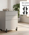 Four Pack 2 Inch Side Mount Casters With Silent Fixed L Bracket Wheels used on a modern drawer cabinet in a bright room
