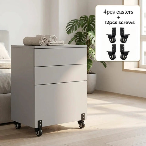 Four Pack 2 Inch Side Mount Casters With Silent Fixed L Bracket Wheels used on a modern drawer cabinet in a bright room