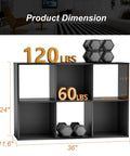 Six Cube Storage Organizer With Open Cubes And Removable Back Panels, Display Bookcase For Living Room, Bedroom, Entryway, Or Home Office In Deep Black, Measuring 36 Inches Long, 11.6 Inches Wide, 24 Inches High shown with weight limits