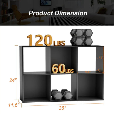 Six Cube Storage Organizer With Open Cubes And Removable Back Panels, Display Bookcase For Living Room, Bedroom, Entryway, Or Home Office In Deep Black, Measuring 36 Inches Long, 11.6 Inches Wide, 24 Inches High shown with weight limits