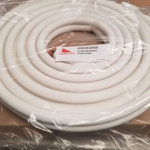 Coiled Insulated Copper Twin Line Set For Ductless Mini Split Systems 25 Feet with One Quarter By Three Eighths Inch Copper Tubing