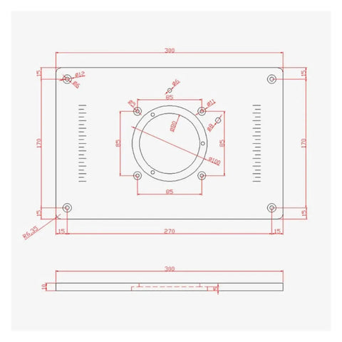 Universal Aluminum Router Table Insert Plate 200X300Mm 8Mm Thick With Protective Cover technical drawing with dimensions.