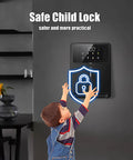 Child reaching for wall mounted hot water dispenser with child lock and five precise temperature controls, gray finish