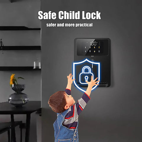 Child reaching for wall mounted hot water dispenser with child lock and five precise temperature controls, gray finish