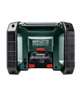 Rear view of Hardworking Cordless Jobsite Radio with Bluetooth, AM FM, DSP tuner, illuminated LCD, 12V-18V battery or mains, rugged compact design.