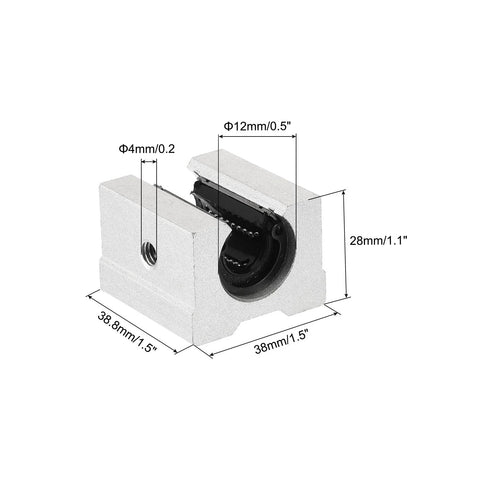 uxcell SBR12UU 12mm linear bearing block, silver tone, angled view showing 12mm bore and side mounting hole